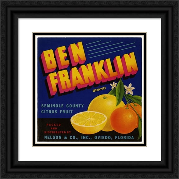 Anonymous 20x20 Black Ornate Framed Double Matted Museum Art Print Titled: Ben Franklin Brand Citrus Label (1930-1950)