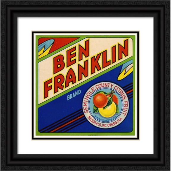 Anonymous 20x20 Black Ornate Framed Double Matted Museum Art Print Titled: Ben Franklin Brand Citrus Label (1930)