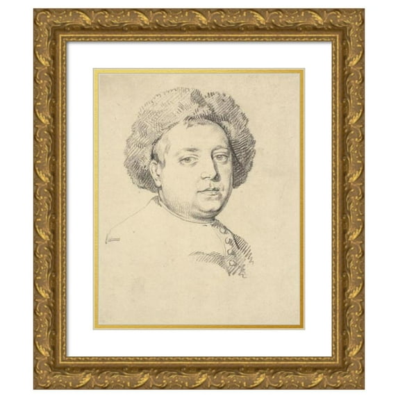 Anonymous 20x24 Gold Ornate Framed and Double Matted Museum Art Print Titled - Head and Shoulder Portrait of a Man in a Fur Cap (1800 - 1850)