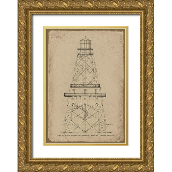 Anonymous 23x32 Gold Ornate Wood Framed with Double Matting Museum Art Print Titled - Lighthouse Architectural Drawing
