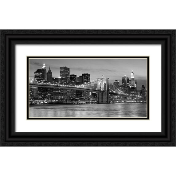 Anonymous 24x14 Black Ornate Wood Framed with Double Matting Museum Art Print Titled - Brooklyn Bridge at Night