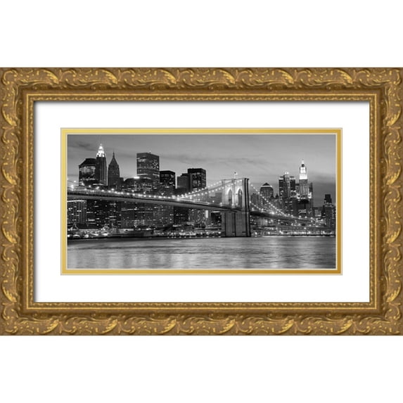Anonymous 24x14 Gold Ornate Wood Framed with Double Matting Museum Art Print Titled - Brooklyn Bridge at Night