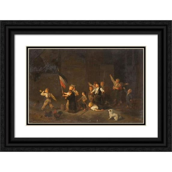 Anonymous 24x17 Black Ornate Framed Double Matted Museum Art Print Titled: Children Playing Revolution (19th Century)