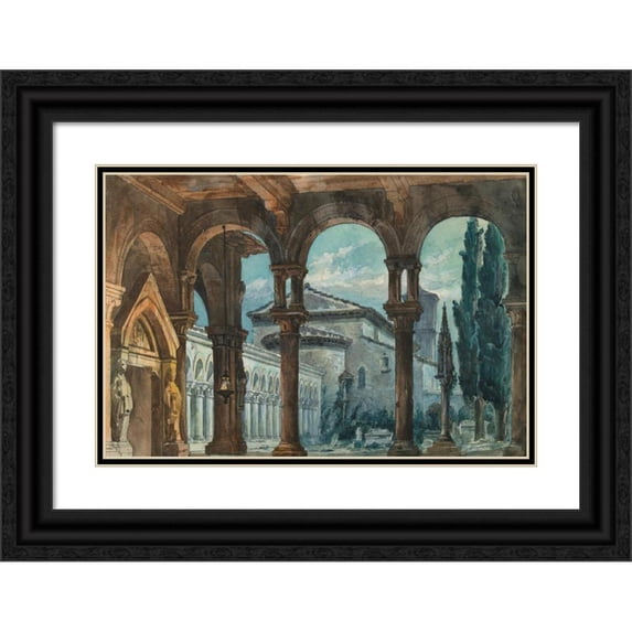 Anonymous 24x17 Black Ornate Framed Double Matted Museum Art Print Titled: Stage Design, Cloister at Night (1869)
