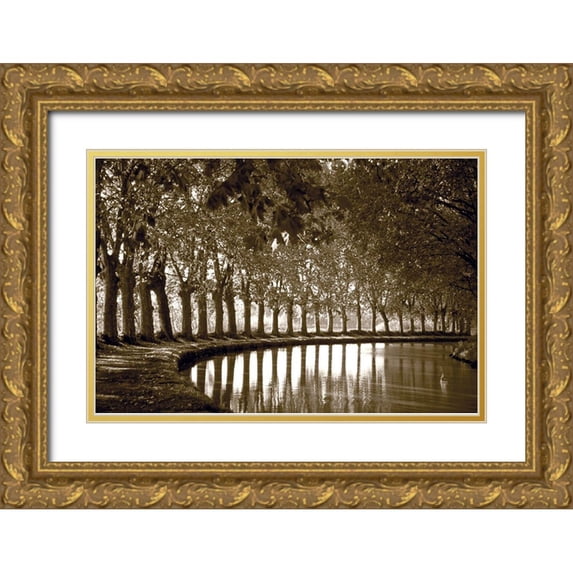 Anonymous 24x17 Gold Ornate Wood Framed with Double Matting Museum Art Print Titled - Tree Line at Pond