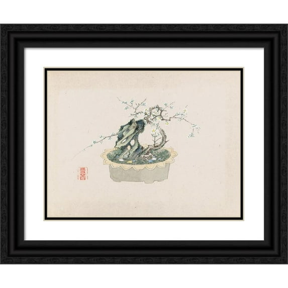Anonymous 24x19 Black Ornate Framed Double Matted Museum Art Print Titled: Bonsai Kabenzu, Pl.06 (1868-1912)