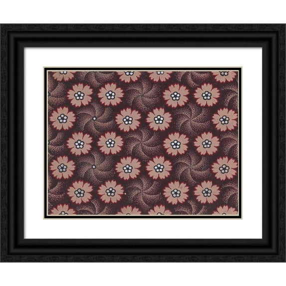Anonymous 24x19 Black Ornate Framed Double Matted Museum Art Print Titled: Textile Design with Rosettes Forming Hexagonal Shapes Around Swirls (1840)