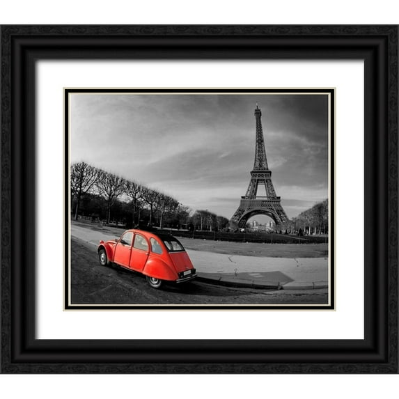 Anonymous 24x20 Black Ornate Wood Framed with Double Matting Museum Art Print Titled - Red in Motion by the Eiffel Tower