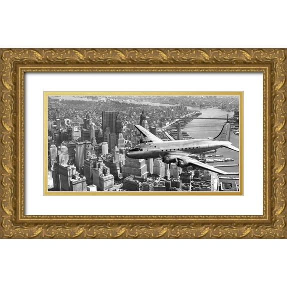 Anonymous 32x18 Gold Ornate Wood Framed with Double Matting Museum Art Print Titled - Flying over Manhattan, NYC