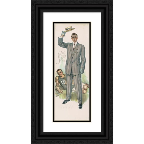 Anonymous 9x18 Black Ornate Wood Framed Double Matted Museum Art Print Titled - Man Standing in Front of Man in Sleeveless Shirt Lying on Grass (1911)