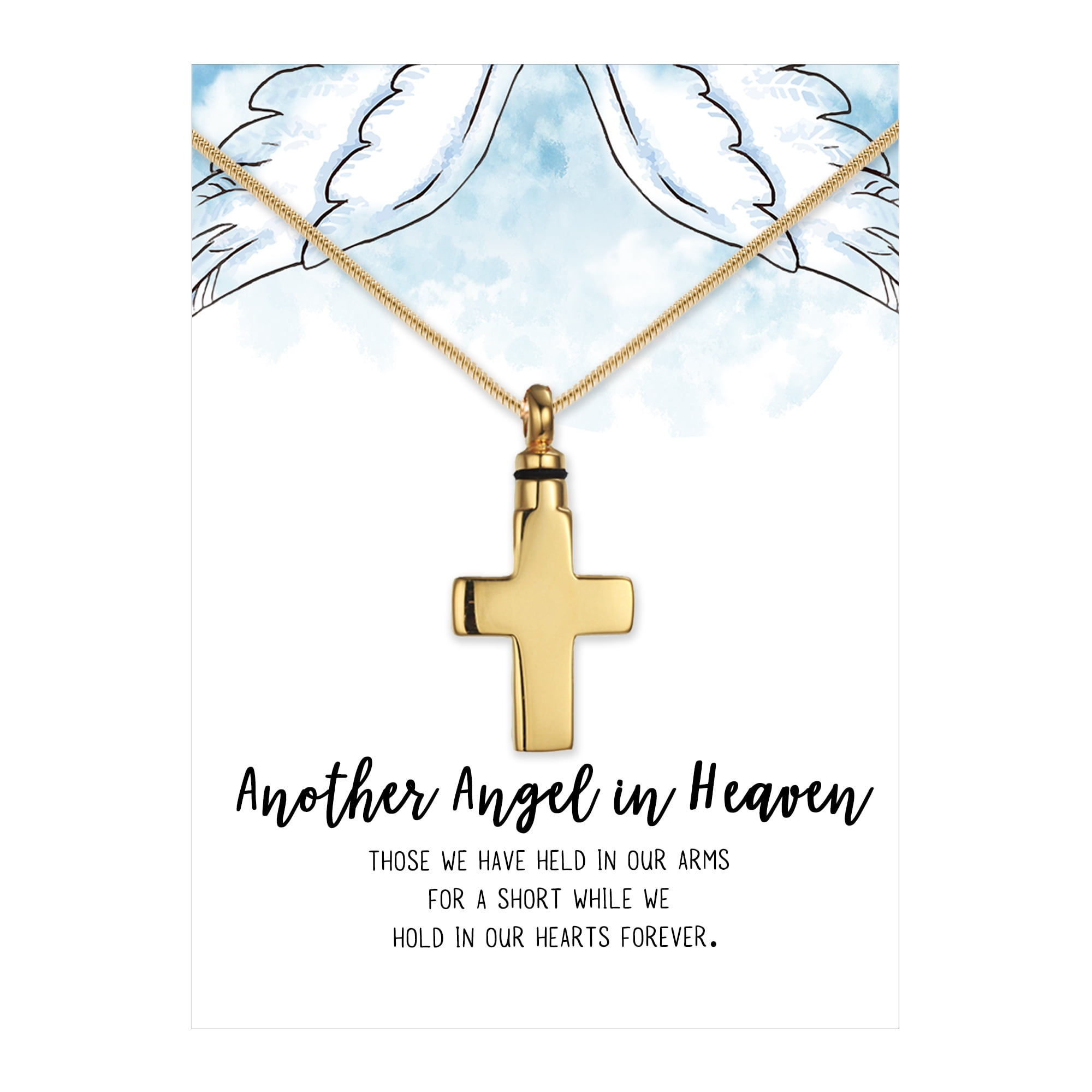 Another Angel in Heaven Cremation Necklace and Card - Gold Cross Memorial Jewelry - Human Ashes Urn Keepsake for Women - Comfort Card - Funnel Kit - Ships Next Day