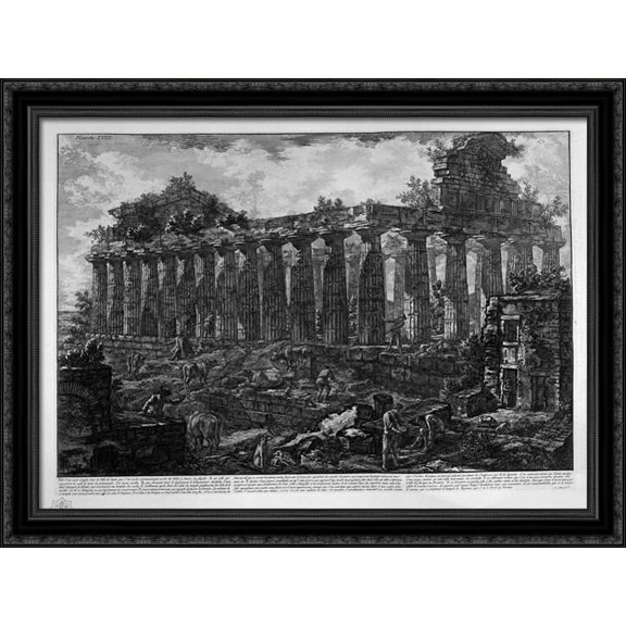 Another View of the Temple in the city of Paestum, believed dedicated to Juno 38x28 Large Black Ornate Wood Framed Canvas Art by Giovanni Battista Piranesi