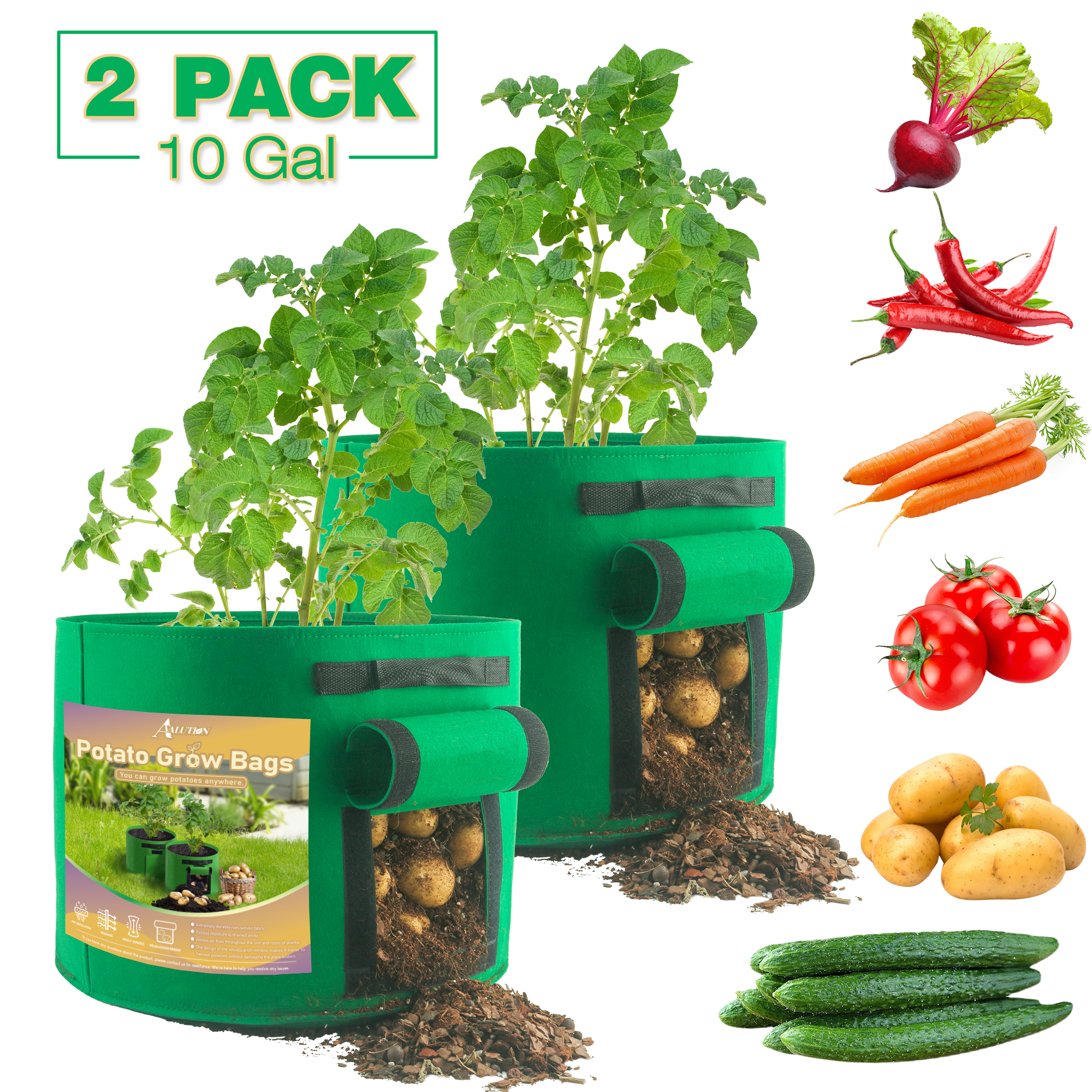 Avalution 2Pack 10Gallon Garden Potato Grow Bags, Fabric Container With ...