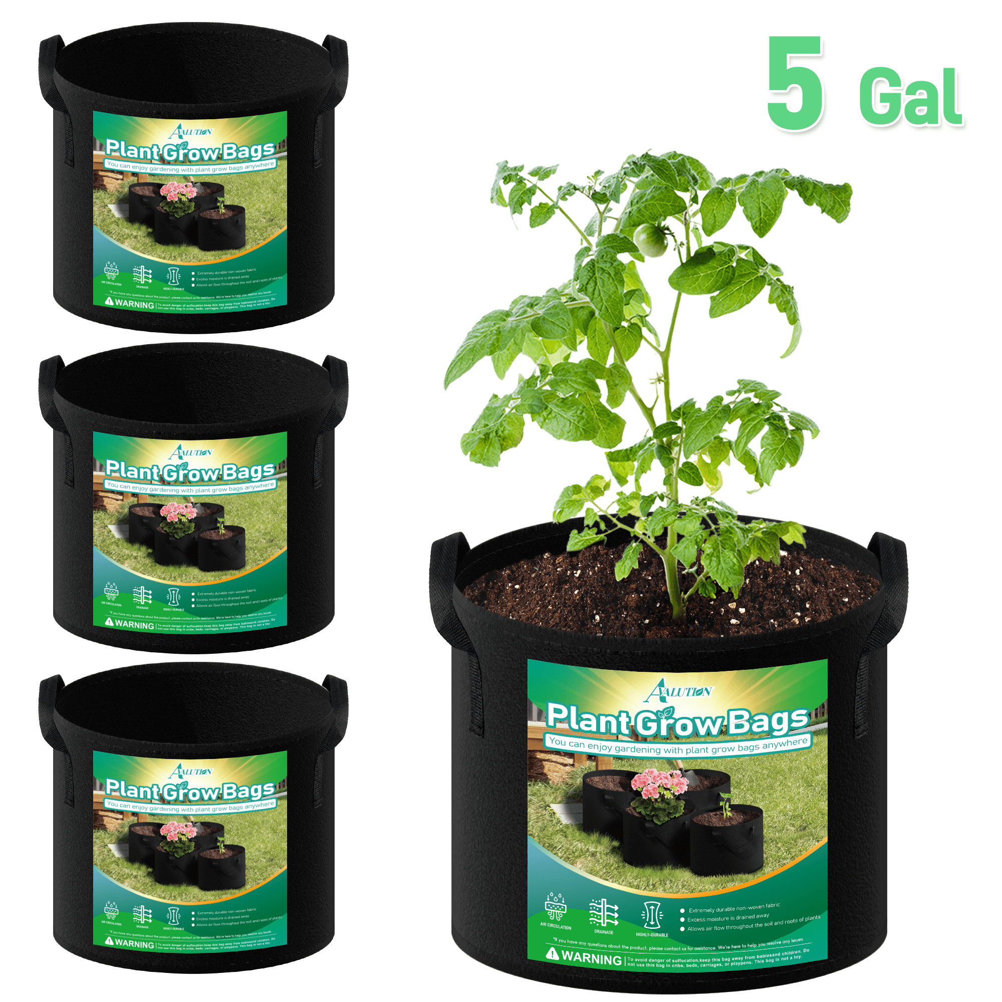 Avalution 4pcs 5Gallon Plant Grow Bags, Heavy-duty Non-Woven Fabric ...