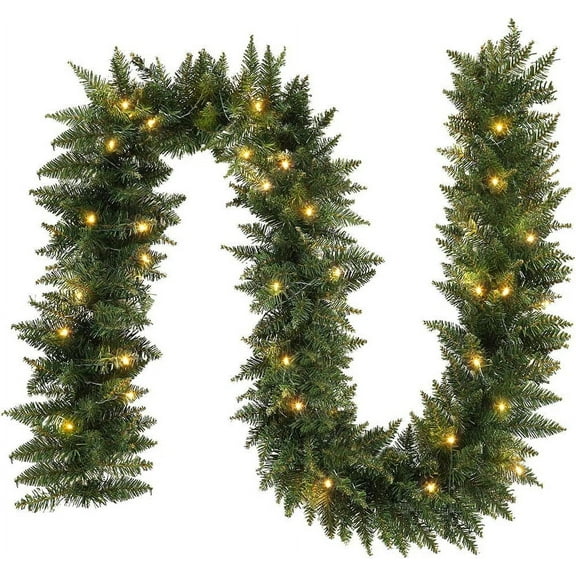 OasisCraft 9ft Pre-lit Christmas Garland Holiday Artificial Decor for Stairs Wall Door Indoor Outdoor Garland with Battery Operated Timer Green
