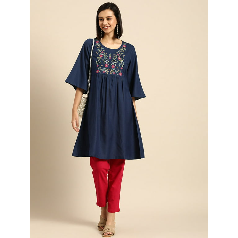 Anouk - By Myntra Indian Women Daily Wear Navy Blue & Red Floral  Embroidered A-Line Round Neck Knee Length Three-Quarter Sleeves Viscose  Rayon Kurta Ready To Wear Dress 