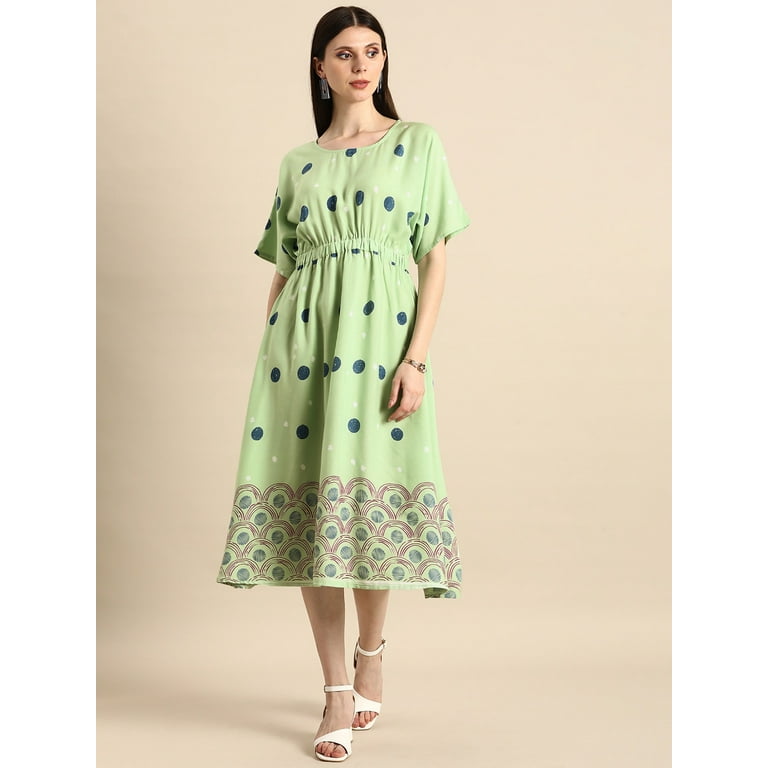 Anouk - By Myntra Women Ready To Wear Short Sleeve Green & Blue Viscose  Rayon Printed Ethnic Midi A-Line Dress Indian dress for women