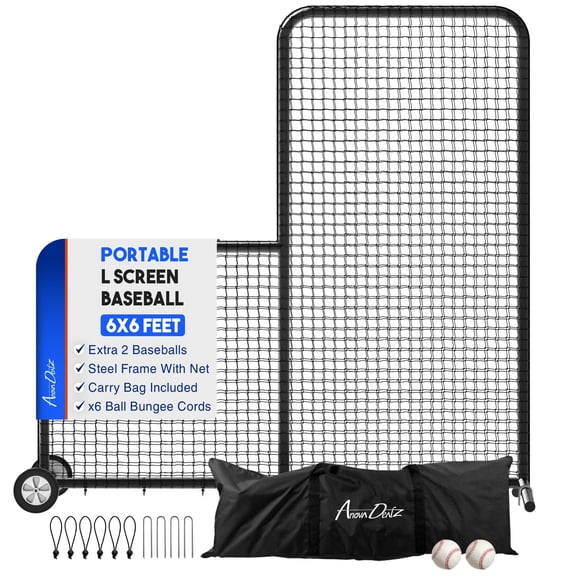 Anova L Screen Baseball Net for Batting Cage with 2 Basic Baseballs, Carry Bag Included and Rubber Wheels, Baseball & Softball Screen, 6x6ft with Wheels Pitching Net, Black