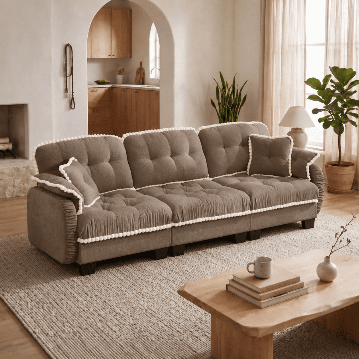 Anpport 100" Chenille Cloud 3‑Seater Sofa with 4 Pillows, Pom‑Pom Trim, Quilted Tufted Ergonomic, Easy Assembly Deep Seat for Living Room Apartment, Brown