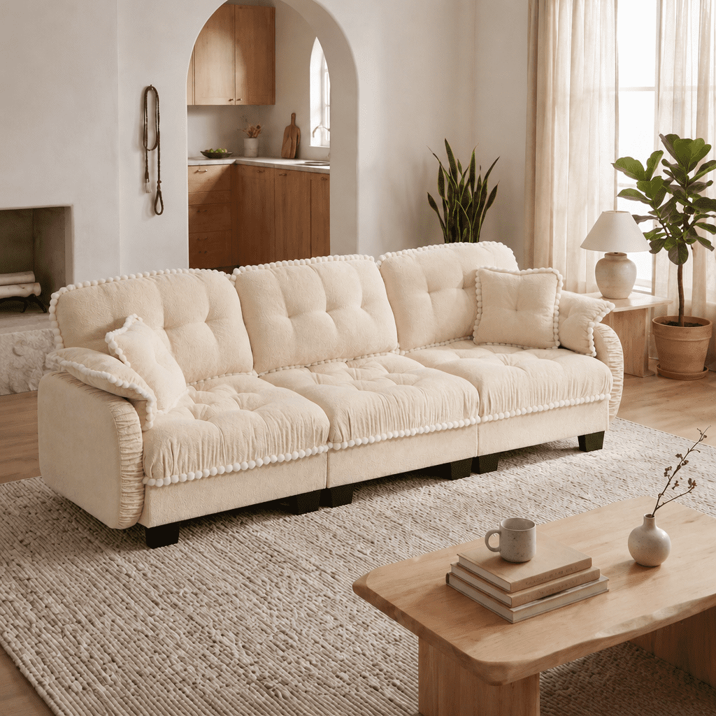 Anpport 100" Chenille Cloud 3‑Seater Sofa with 4 Pillows, Pom‑Pom Trim, Quilted Tufted Ergonomic, Easy Assembly Deep Seat for Living Room Apartment, Cream