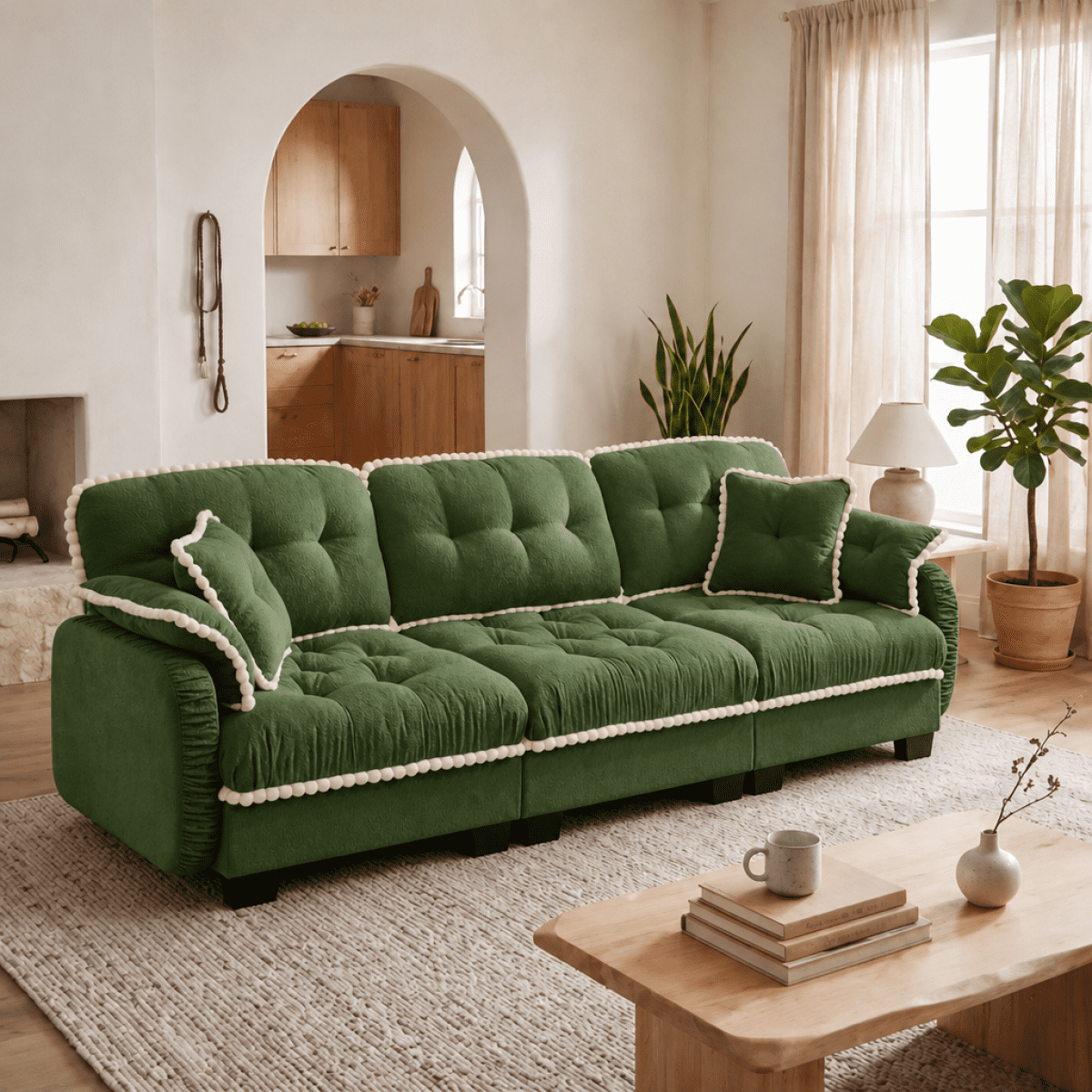 Anpport 100" Chenille Cloud 3‑Seater Sofa with 4 Pillows, Pom‑Pom Trim, Quilted Tufted Ergonomic, Easy Assembly Deep Seat for Living Room Apartment, Green