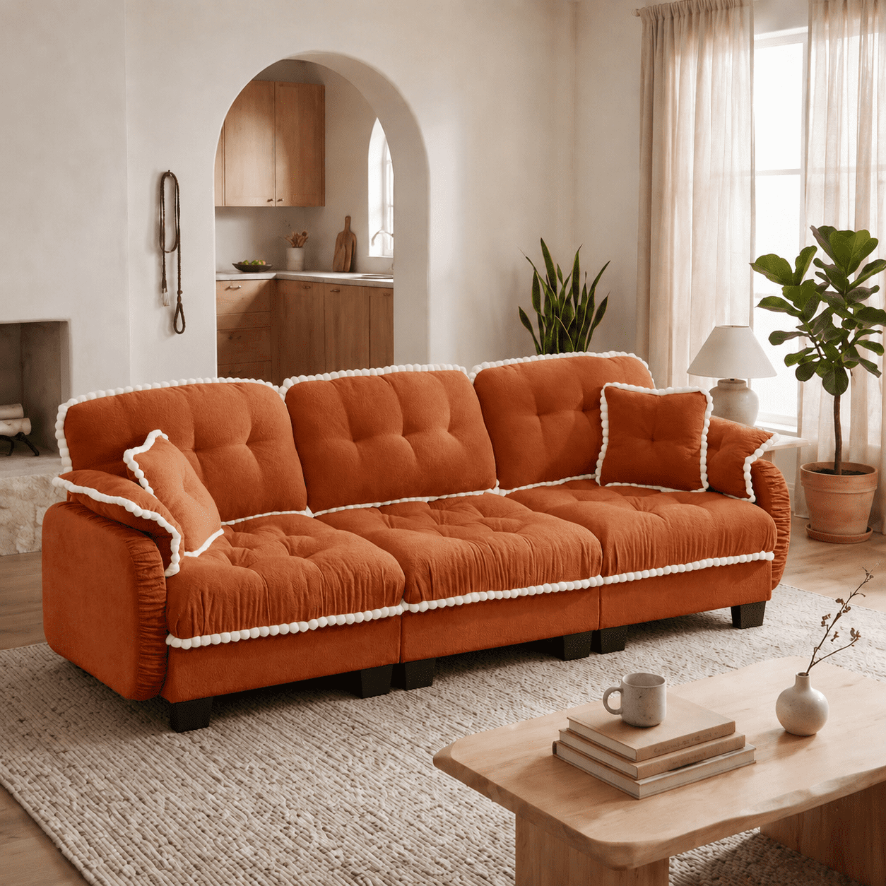 Anpport 100" Chenille Cloud 3‑Seater Sofa with 4 Pillows, Pom‑Pom Trim, Quilted Tufted Ergonomic, Easy Assembly Deep Seat for Living Room Apartment, Orange
