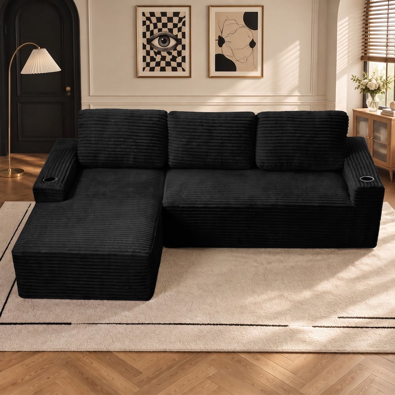 Anpport 104" Boneless Cloud Modular Sectional Couch, Corduroy Sofa with Cup Holders, Side Pockets, Deep Seat, No Assembly Required for Living Room, Black (L‑Shaped, Left Facing Chaise)