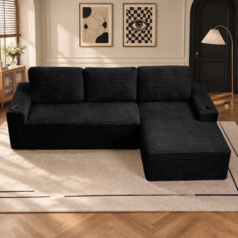 Anpport 104" Boneless Cloud Modular Sectional Couch, Corduroy Sofa with Cup Holders, Side Pockets, Deep Seat, No Assembly Required for Living Room, Black (R‑Shaped, Right Facing Chaise)