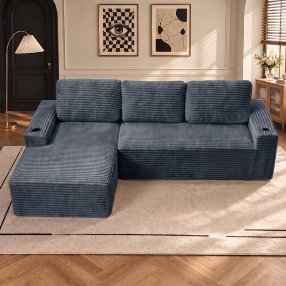 Anpport 104" Boneless Cloud Modular Sectional Couch, Corduroy Sofa with Cup Holders, Side Pockets, Deep Seat, No Assembly Required for Living Room, Gray (L‑Shaped, Left Facing Chaise)