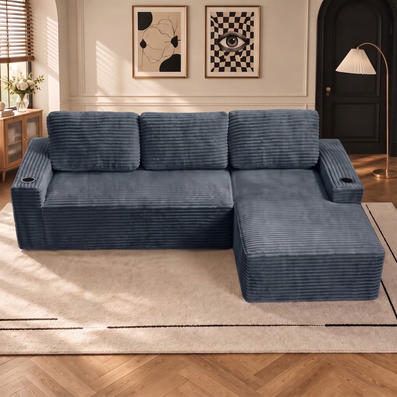 Anpport 104" Boneless Cloud Modular Sectional Couch, Corduroy Sofa with Cup Holders, Side Pockets, Deep Seat, No Assembly Required for Living Room, Gray (R‑Shaped, Right Facing Chaise)