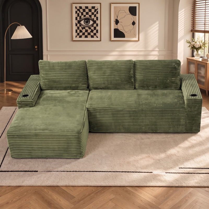 Anpport 104" Boneless Cloud Modular Sectional Couch, Corduroy Sofa with Cup Holders, Side Pockets, Deep Seat, No Assembly Required for Living Room, Green (L‑Shaped, Left Facing Chaise)