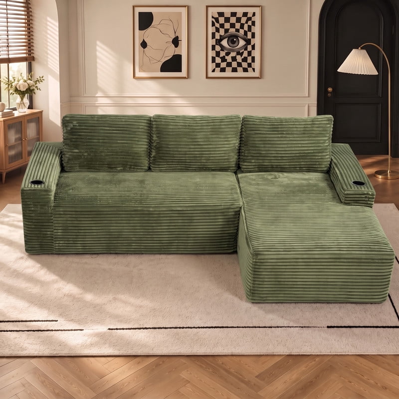 Anpport 104" Boneless Cloud Modular Sectional Couch, Corduroy Sofa with Cup Holders, Side Pockets, Deep Seat, No Assembly Required for Living Room, Green (R‑Shaped, Right Facing Chaise)