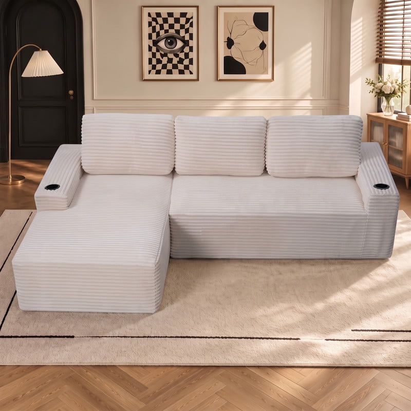 Anpport 104" Boneless Cloud Modular Sectional Couch, Corduroy Sofa with Cup Holders, Side Pockets, Deep Seat, No Assembly Required for Living Room, White (L‑Shaped, Left Facing Chaise)