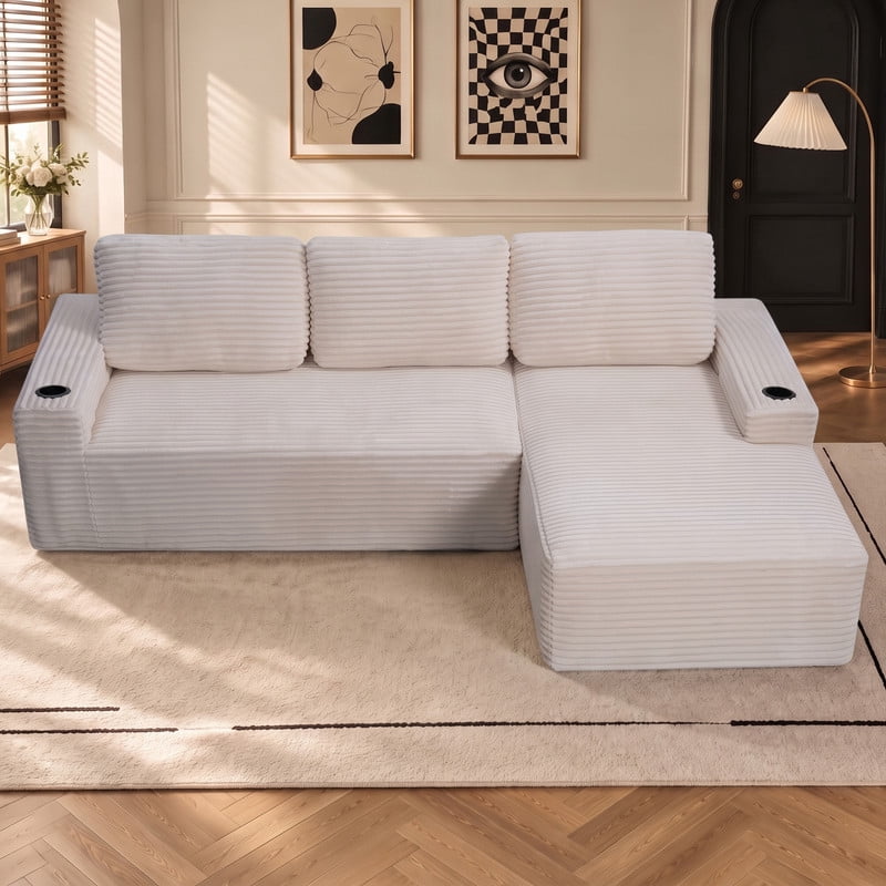 Anpport 104" Boneless Cloud Modular Sectional Couch, Corduroy Sofa with Cup Holders, Side Pockets, Deep Seat, No Assembly Required for Living Room, White (R‑Shaped, Right Facing Chaise)