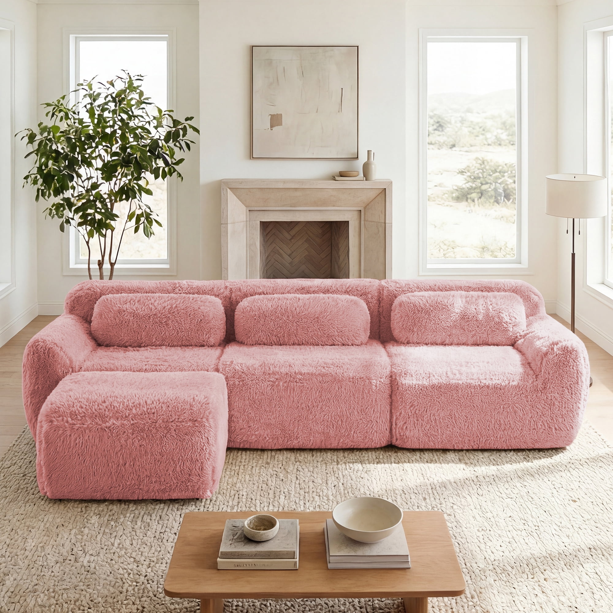 Anpport 114'' L-shaped Modular Sectional Sofa Couches, Soft Fluffy Plush Fabric with Throw Pillows, A Movable Ottoman, for Living Room, Apartment & Bedroom, Pink
