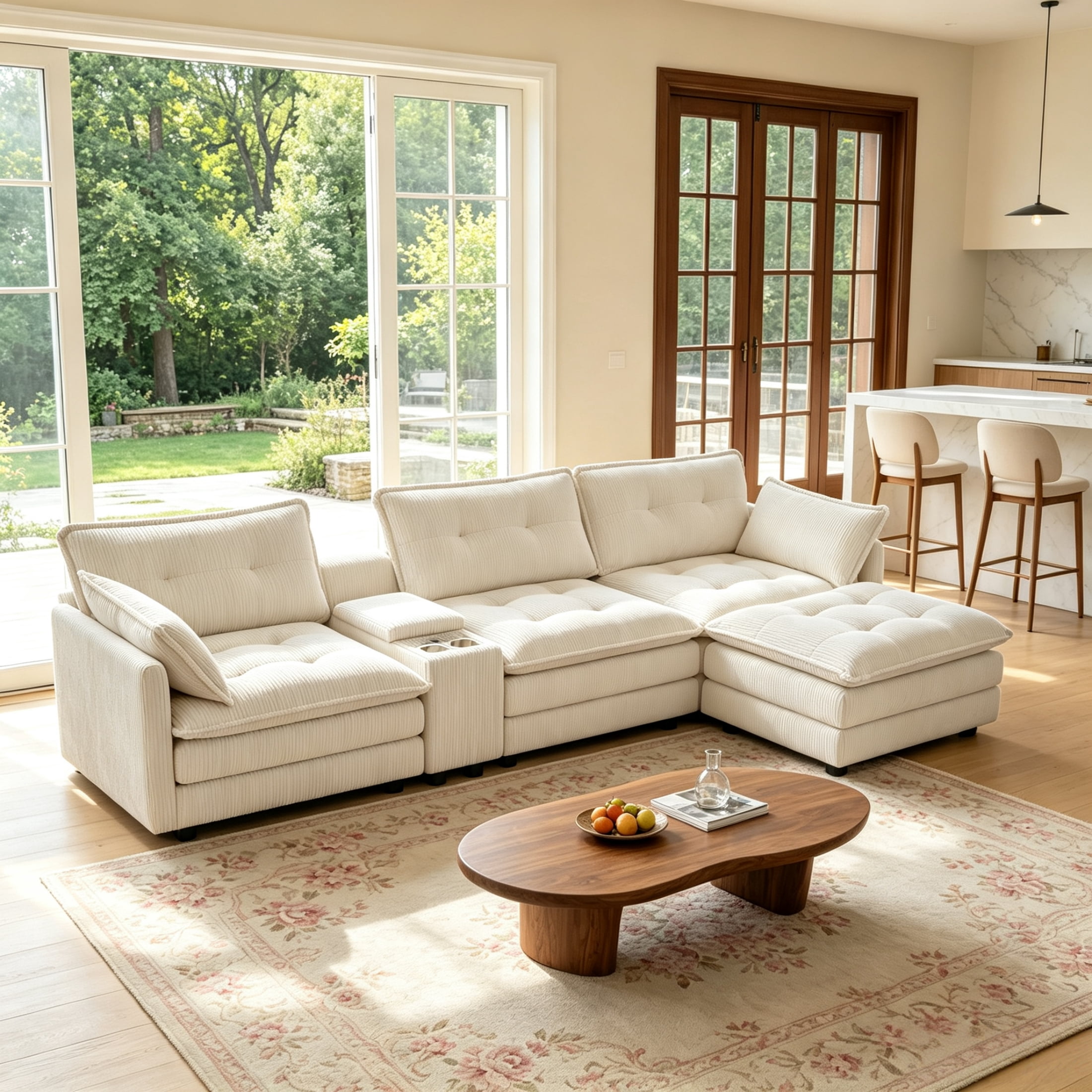 Anpport 119" L-Shaped Modular Sectional Sofa with Removable Ottoman for Living Room, Corduroy, Beige