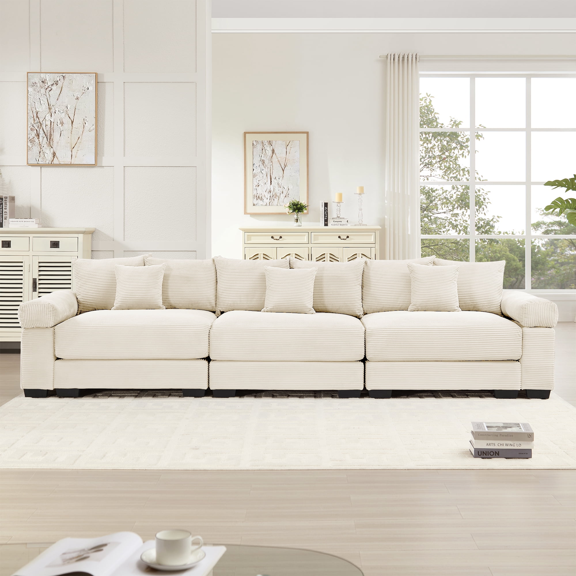 Anpport 130" Cloud Modular 3-Seater Beige Corduroy Sofa, Washable Removable Covers, Double-Layer Thick Cushions, Wide Armrest Small, Apartment