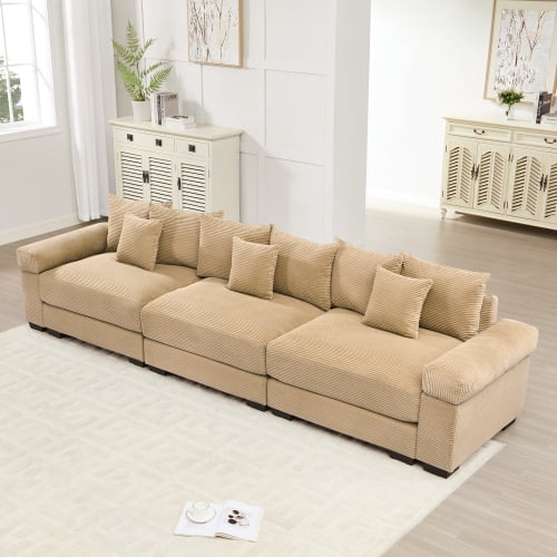 Anpport 130" Cloud Modular 3-Seater Camel Corduroy Sofa, Washable Removable Covers, Double-Layer Thick Cushions, Wide Armrest, Apartment