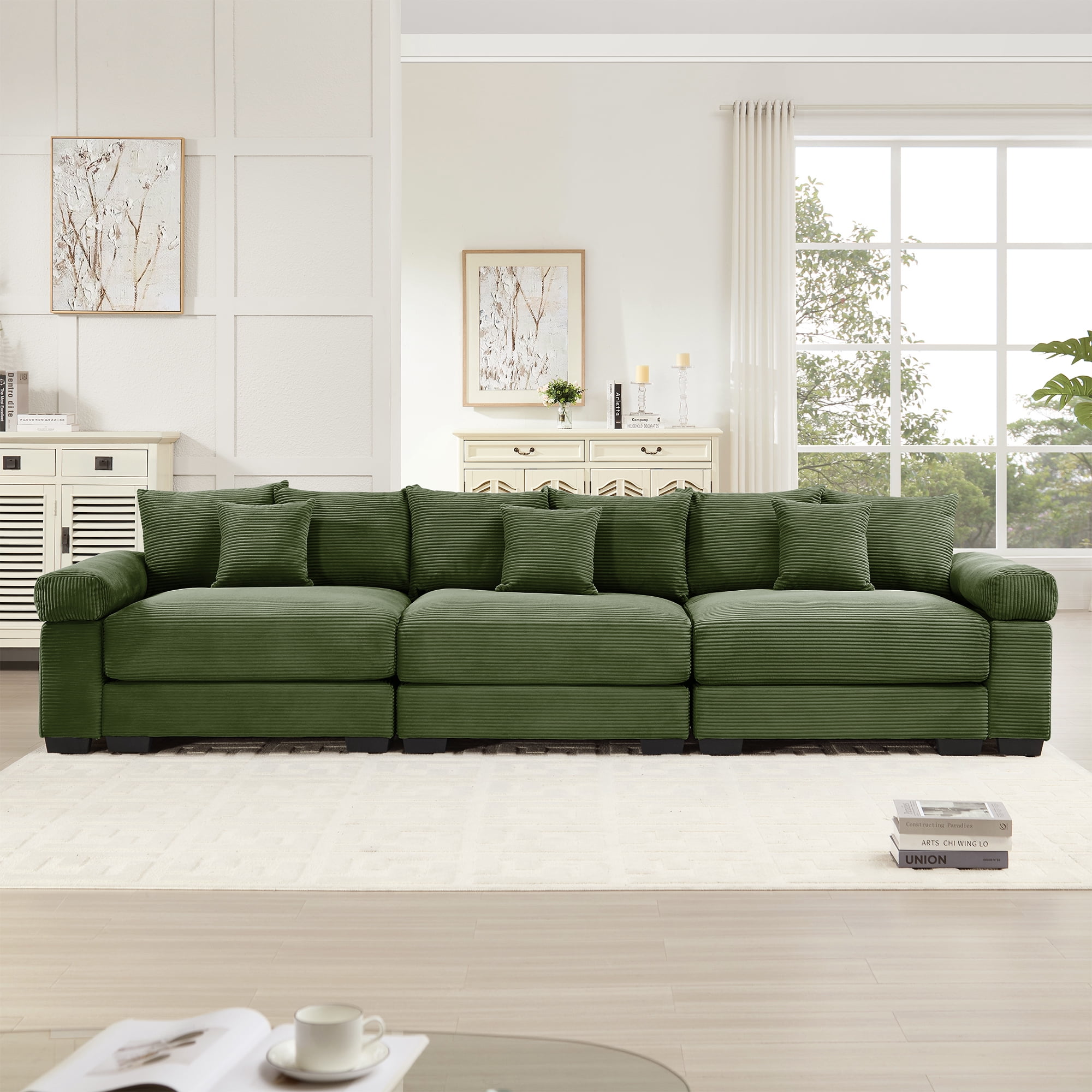 Anpport 130" Cloud Modular 3-Seater Green Corduroy Sofa, Washable Removable Covers, Double-Layer Thick Cushions, Wide Armrest, Apartment