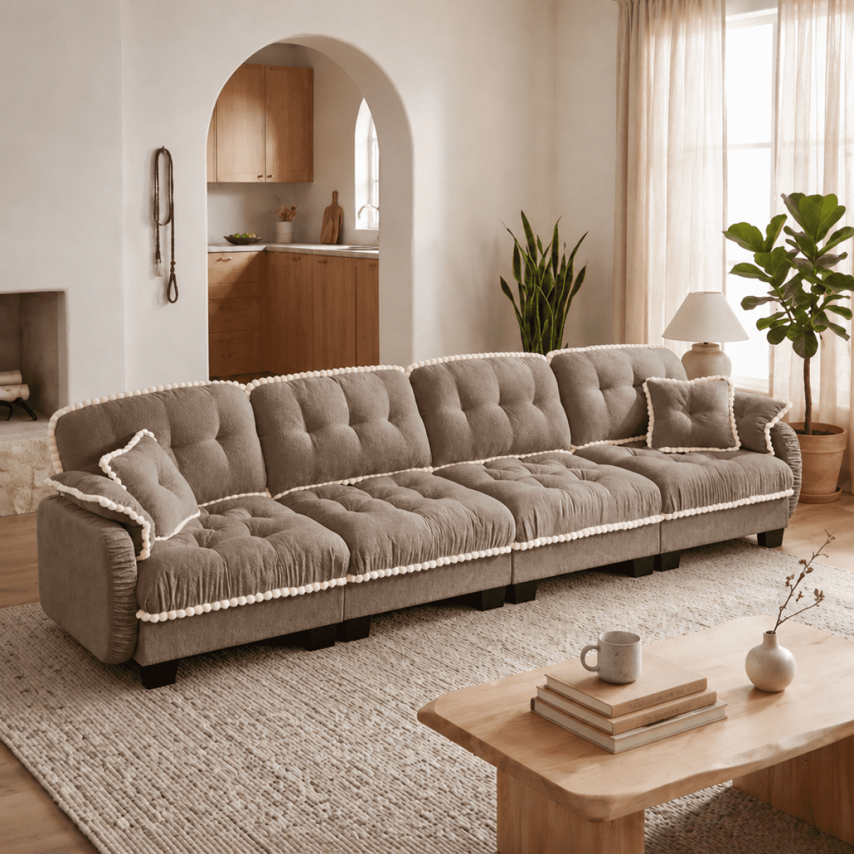 Anpport 131" Chenille Cloud 4‑Seater Sofa with 4 Pillows, Pom‑Pom Trim, Quilted Tufted Ergonomic, Easy Assembly Deep Seat for Living Room Apartment, Brown