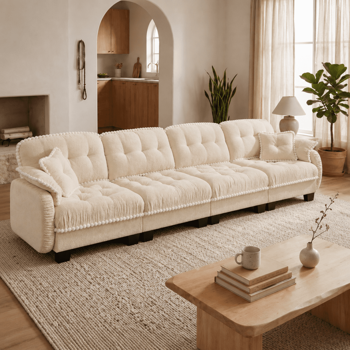 Anpport 131" Chenille Cloud 4‑Seater Sofa with 4 Pillows, Pom‑Pom Trim, Quilted Tufted Ergonomic, Easy Assembly Deep Seat for Living Room Apartment, Cream