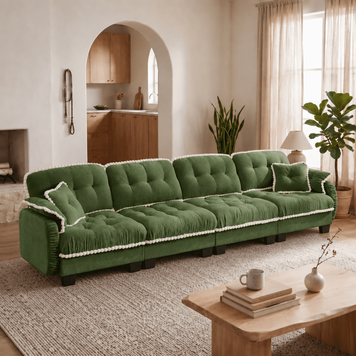 Anpport 131" Chenille Cloud 4‑Seater Sofa with 4 Pillows, Pom‑Pom Trim, Quilted Tufted Ergonomic, Easy Assembly Deep Seat for Living Room Apartment, Green