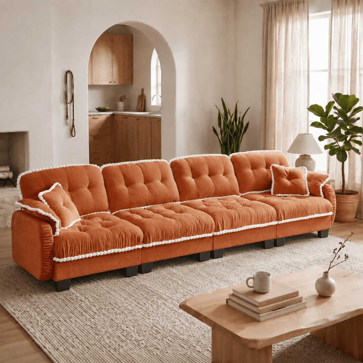 Anpport 131" Chenille Cloud 4‑Seater Sofa with 4 Pillows, Pom‑Pom Trim, Quilted Tufted Ergonomic, Easy Assembly Deep Seat for Living Room Apartment, Orange
