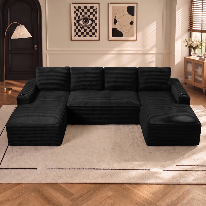 Anpport 133" Boneless Cloud Modular Sectional Couch, Corduroy Sofa with Cup Holders, Side Pockets, Deep Seat, No Assembly Required for Living Room, Black (U‑Shaped)