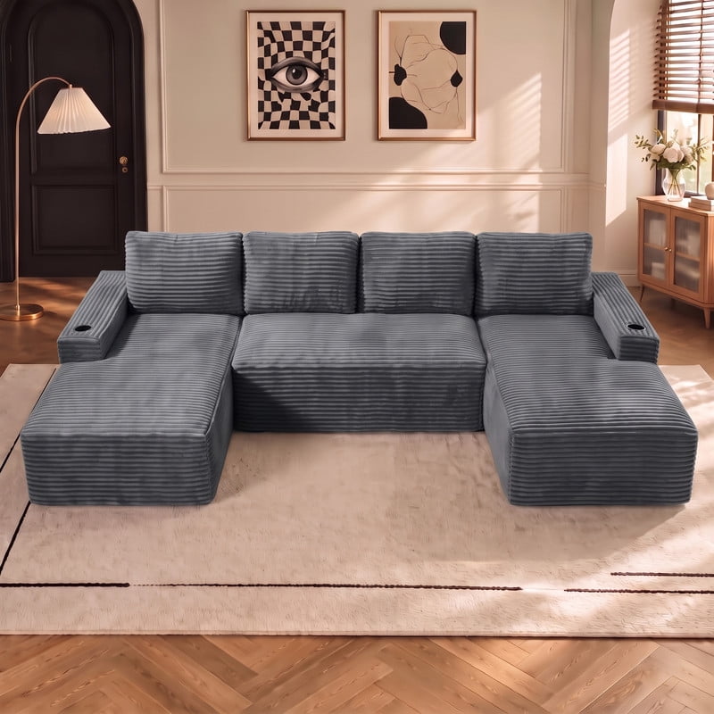 Anpport 133" Boneless Cloud Modular Sectional Couch, Corduroy Sofa with Cup Holders, Side Pockets, Deep Seat, No Assembly Required for Living Room, Gray (U‑Shaped)