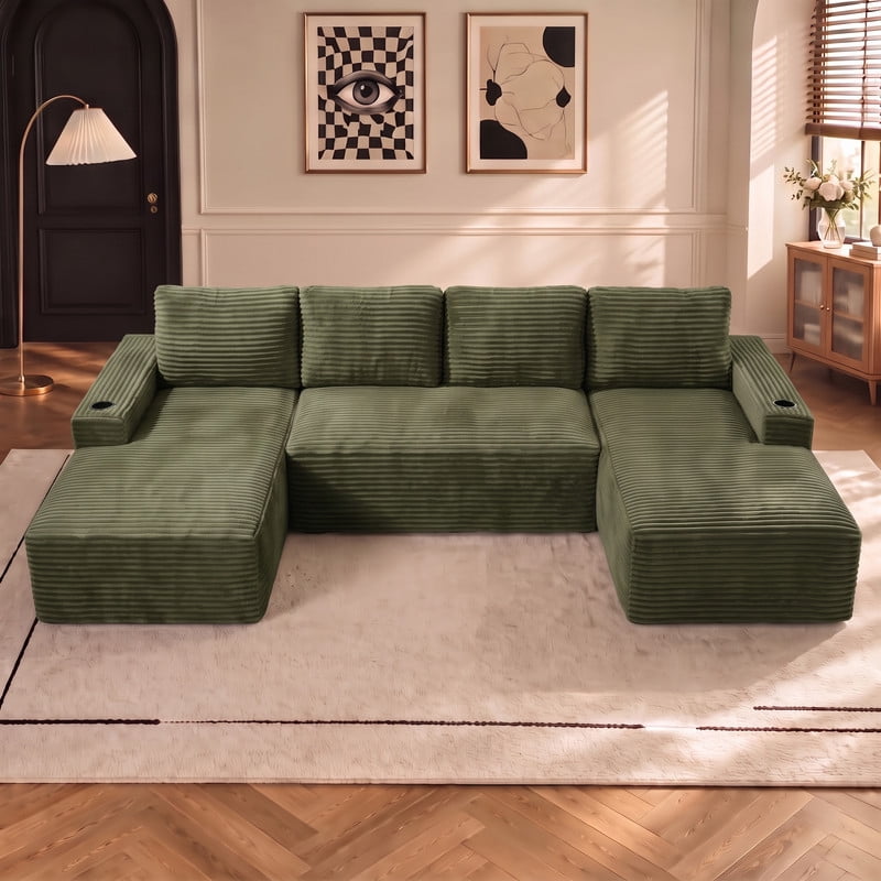 Anpport 133" Boneless Cloud Modular Sectional Couch, Corduroy Sofa with Cup Holders, Side Pockets, Deep Seat, No Assembly Required for Living Room, Green (U‑Shaped)