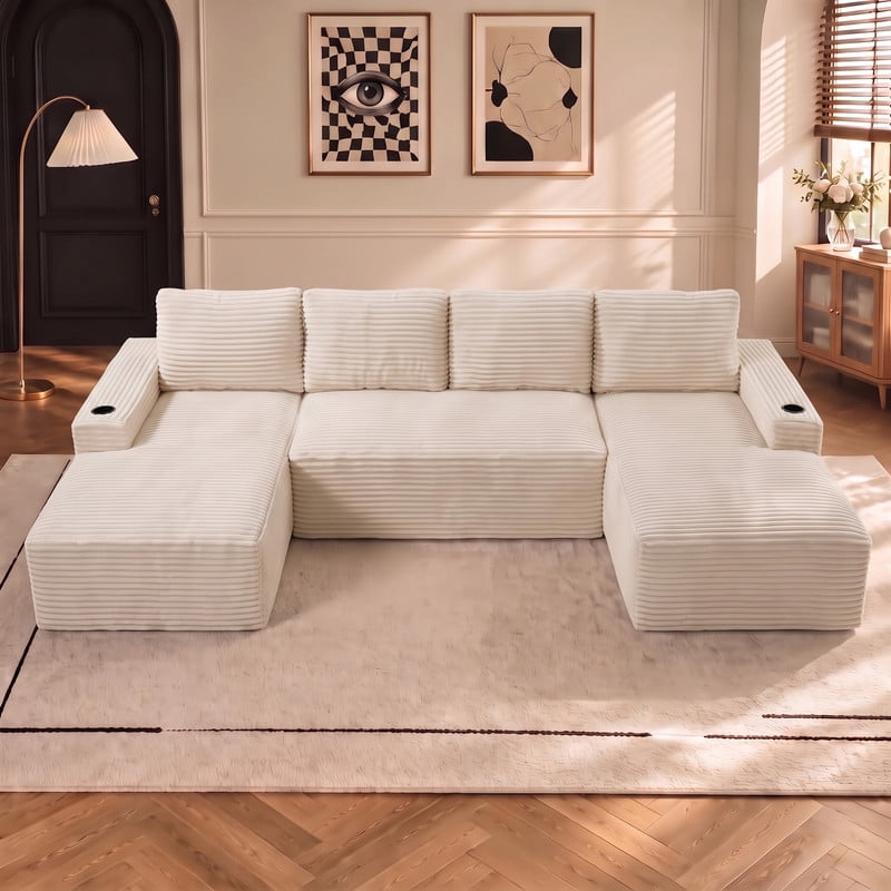 Anpport 133" Boneless Cloud Modular Sectional Couch, Corduroy Sofa with Cup Holders, Side Pockets, Deep Seat, No Assembly Required for Living Room, White (U‑Shaped)