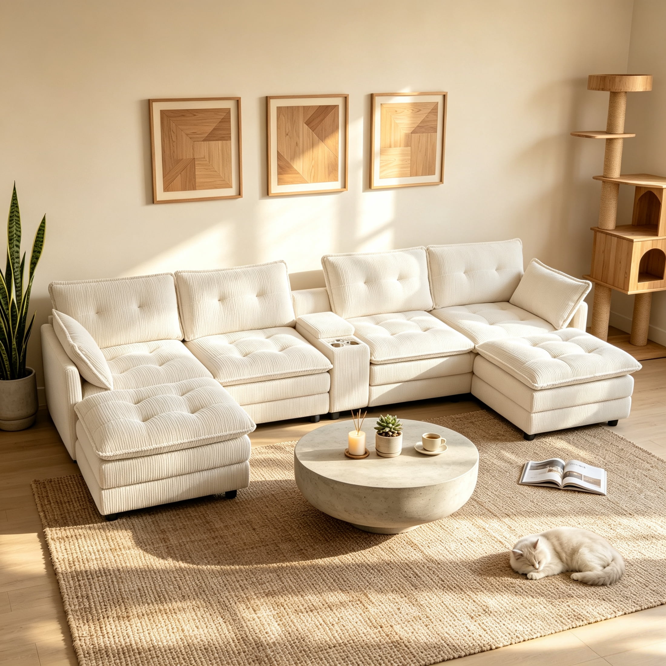 Anpport 154" U-Shaped Modular Sectional Sofa with 2 Removable Ottomans for Living Room, Corduroy, Beige
