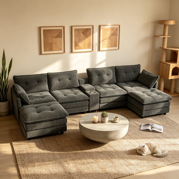 Anpport 154" U-Shaped Modular Sectional Sofa with 2 Removable Ottomans for Living Room, Corduroy, Dark Gray