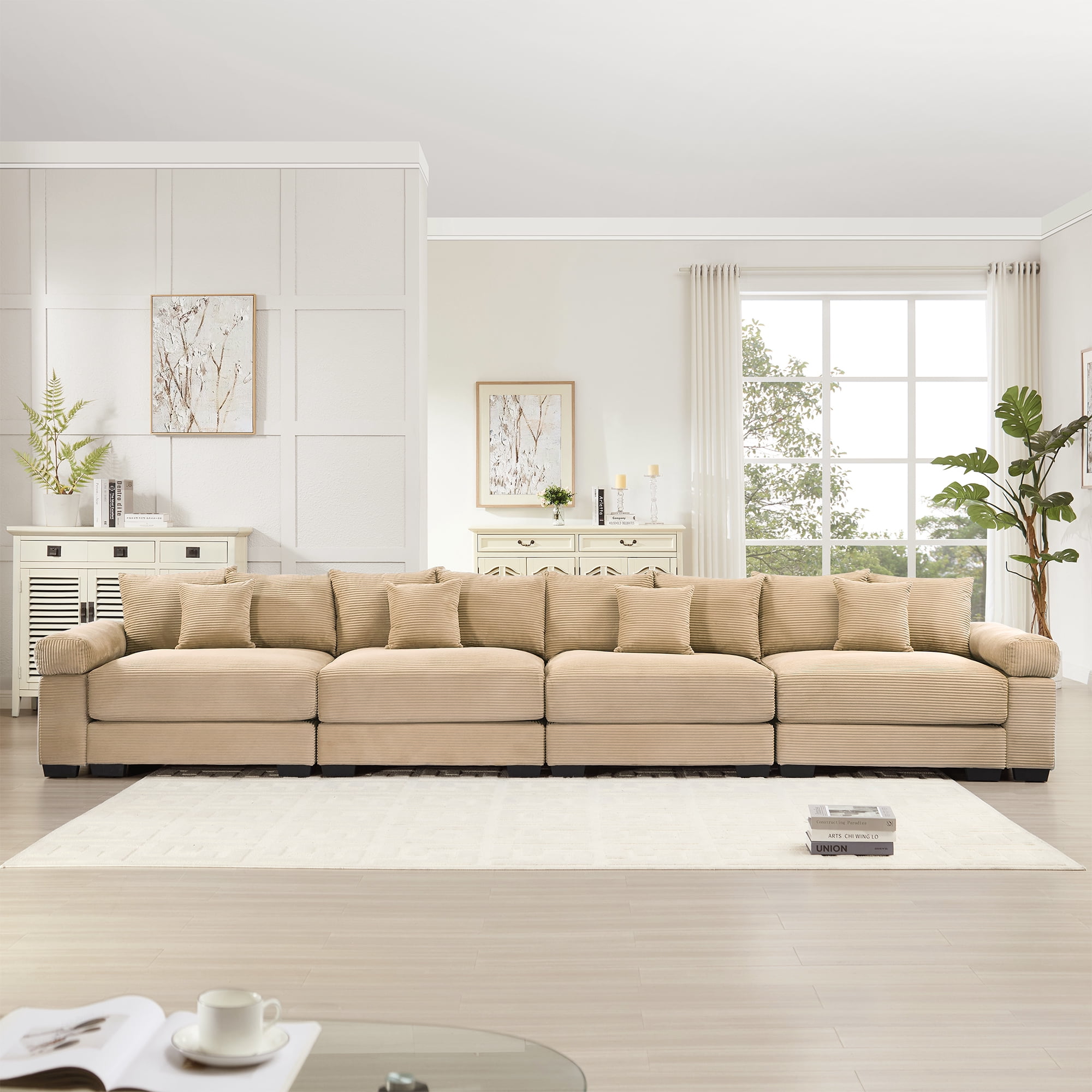 Anpport 170" Oversized Cloud Modular 4-Seater Camel Corduroy Sofa, 12 Throw Pillows Included, Washable Removable Covers, Double-Layer Thick Cushions, Wide Armrest